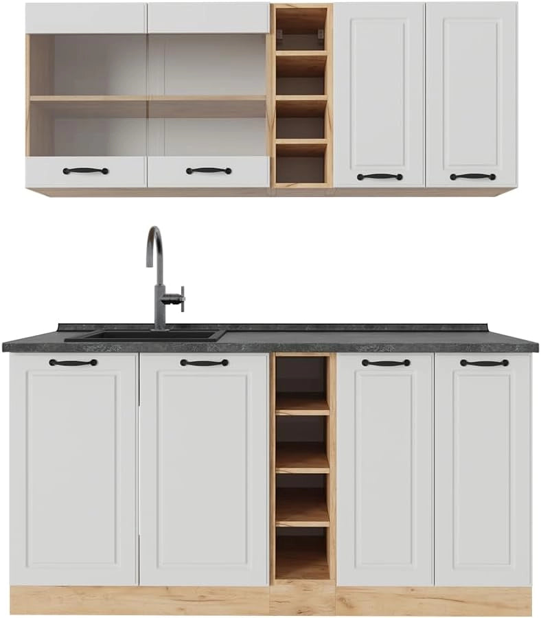 Cucina completa R-Line, Casa di campagna bianca/quercia dorata, 160 cm, PL Antracite, adatto per combinazioni ed espansioni personalizzate