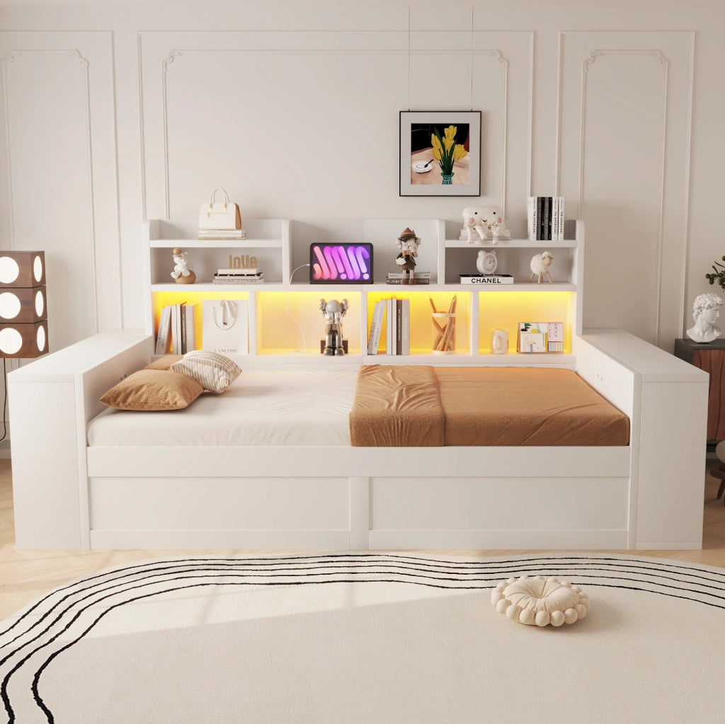 Divano letto 90x200 cm con contenitore idraulico, LED e prese bianco