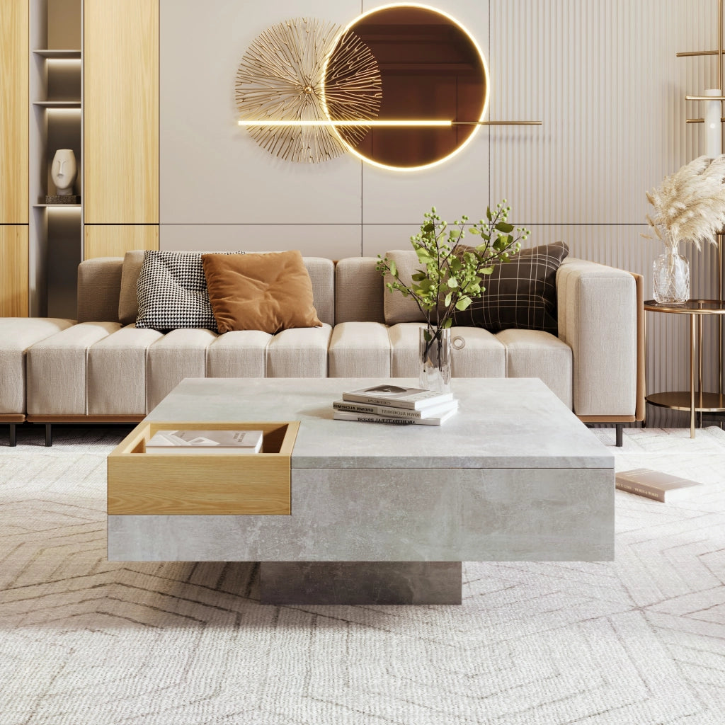OKWISH Tavolino da Salotto Quadrato con Scatola Contenitore Estraibile, Struttura Stabile, per Soggiorno, in Truciolare, Grigio, 72 x 72 x 30 cm