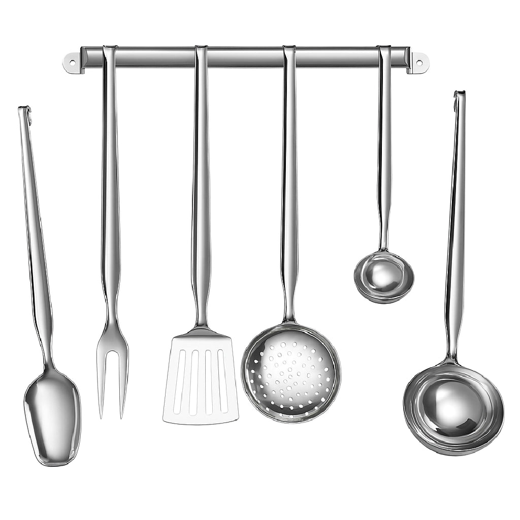 Set Mestoli Cucina Acciaio Inox 6 Pezzi con Barra da Parete – Made in Italy – Lavabili in Lavastoviglie