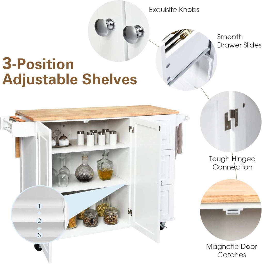 Carrello da Cucina, Credenza Mobile Salvaspazio, Ruote con 2 Freni, Piano Pieghevole, 2 Ripiani Regolabili, 3 Cassetti, 2 Ante, Portaspezie e Portasciugamano, 111x76x91 cm, Bianco