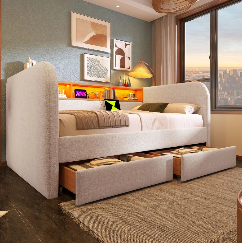 Letto imbottito 140x190 cm con LED, USB-C e 2 cassetti beige
