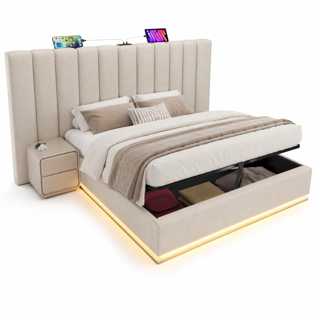 Letto matrimoniale 180x200 cm con contenitore; LED 360掳; USB e Type-C; beige in lino
