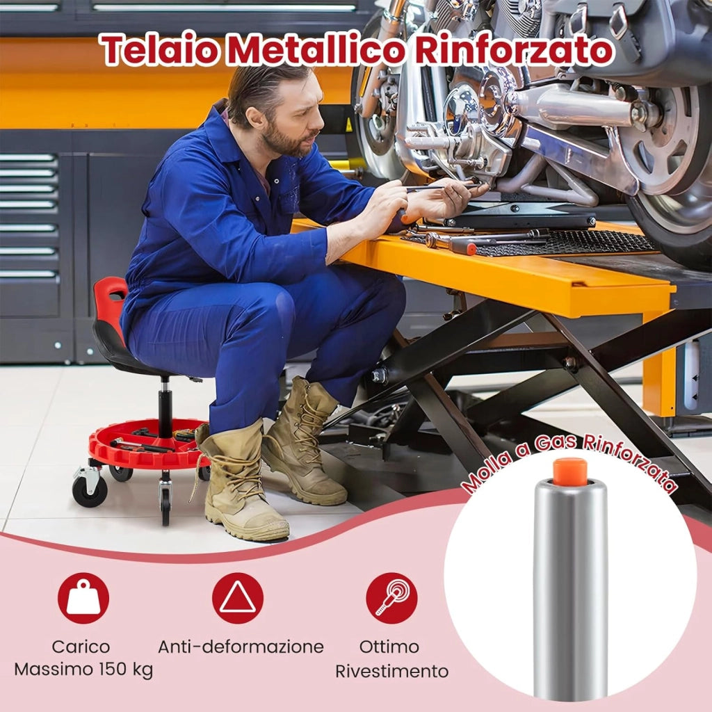 COSTWAY Sgabello da Officina con 5 Ruote, Sedia Meccanico Imbottita con Altezza Regolabile e Vassoio Porta Attrezzi, capacità di 185 kg, per Riparazione Auto, per Garage e Officina