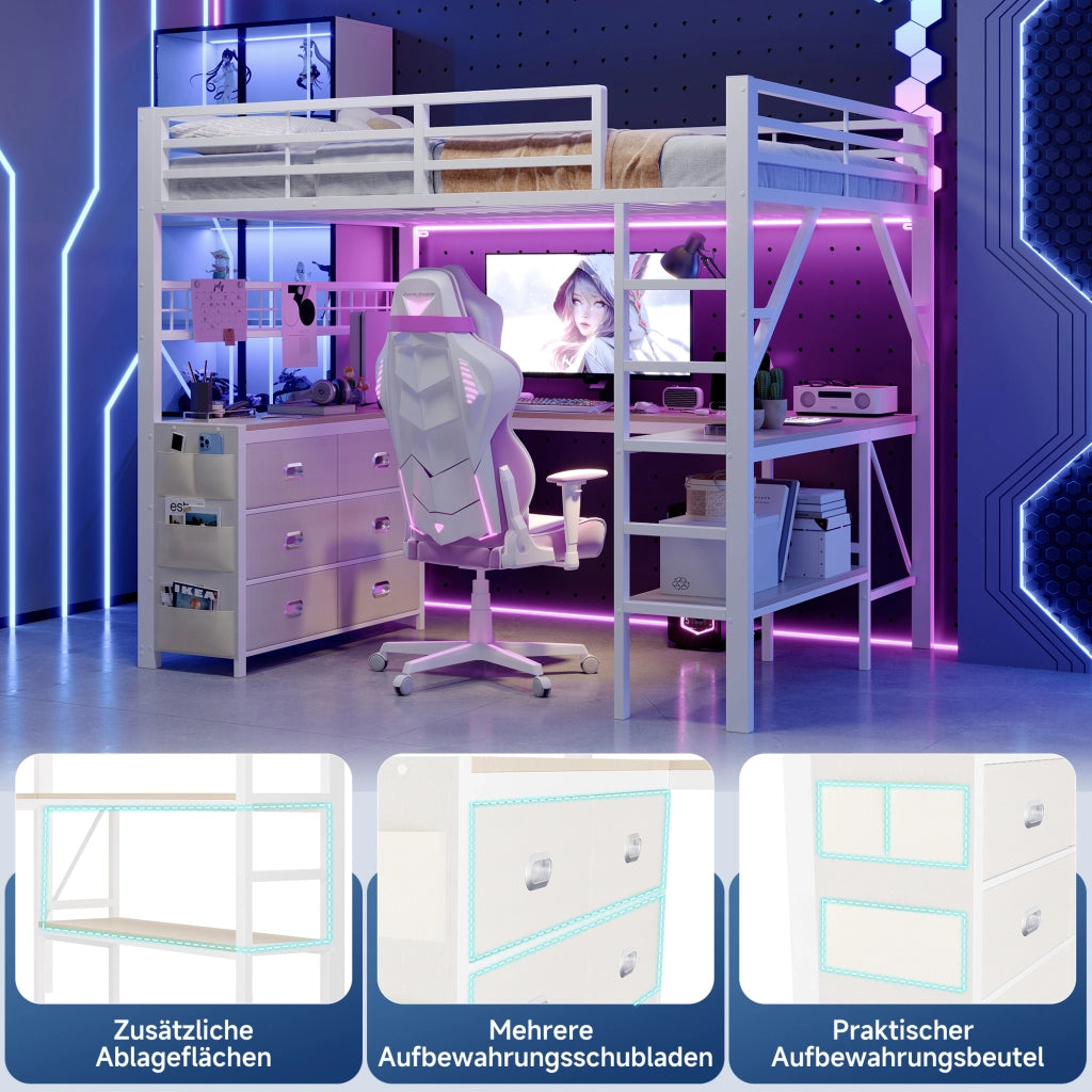 Letto a soppalco gaming 140x200 in metallo bianco con scrivania cassetti e luci LED