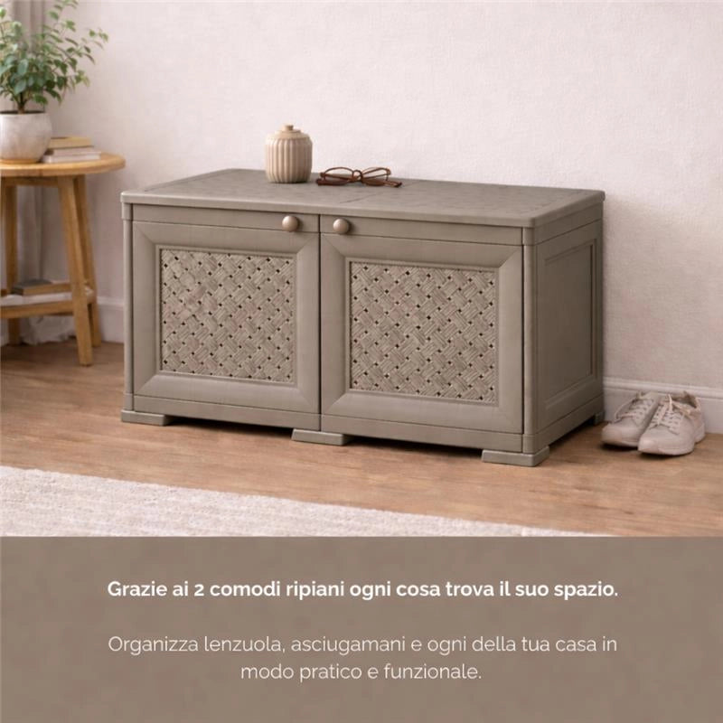 ARMADIO BASSO 79X43X46 CM CON ANTA TRAFORATA – MOBILE TV E CONTENITORE IN PLASTICA PER INTERNO ED ESTERNO COPERTO