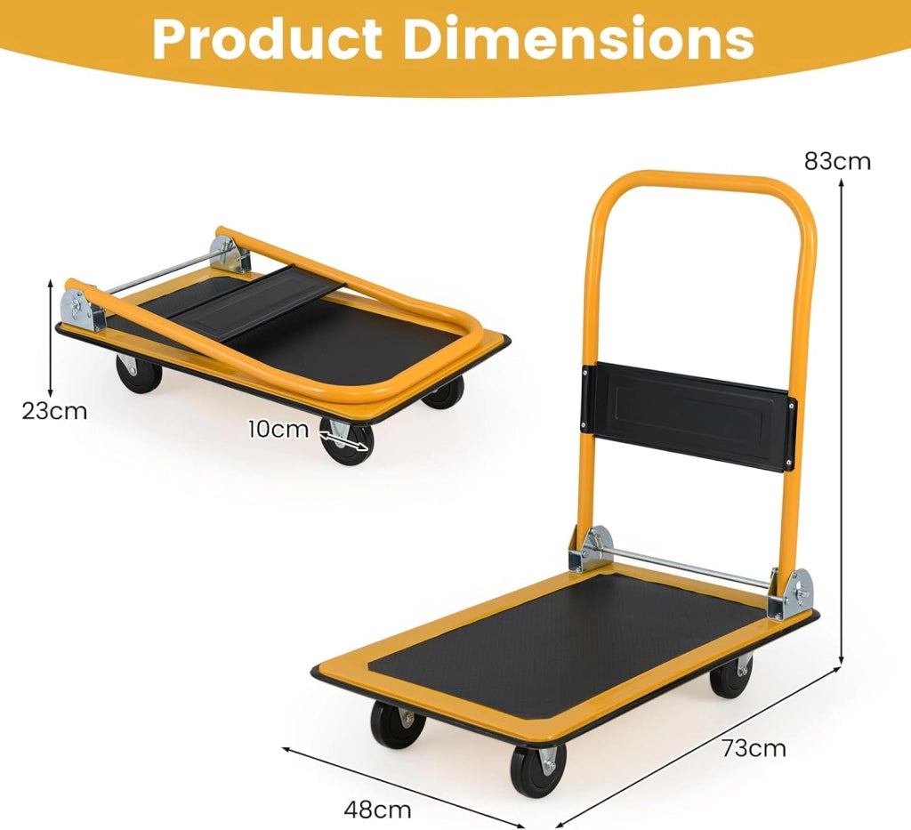 Carrello Pieghevole con Ruote, Carrello a Piattaforma da Transporto, Capacità 150 KG, con Piattaforma Antiscivolo, per Trasporto, Movimentazione, Demenagement, 73 X 48 X 83 CM (Nero+Giallo)