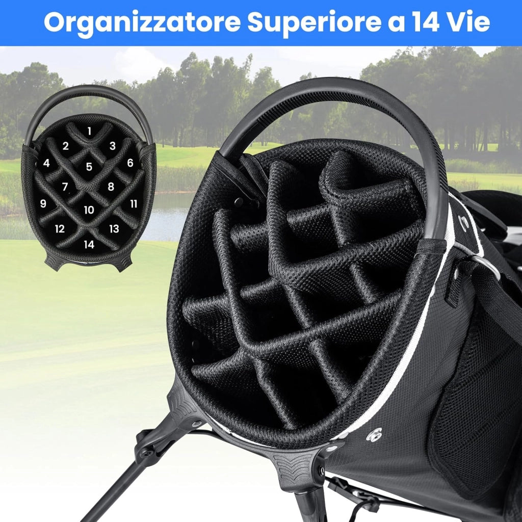 Sacca per Mazze da Golf, Borsa da Golf con Supporto, Divisori a 14 Vie, 6 Tasche, Borsa Frigo, Doppia Tracolla e Cappuccio Antipioggia, Ideale per Uomini e Donne