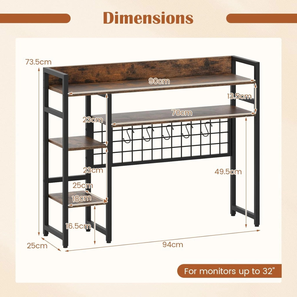 Scaffale da scrivania, scaffale autoportante con 4 ripiani, scomparto aperto, griglia in metallo e 6 ganci rimovibili, risparmio di spazio, libreria per ufficio, cucina, soggiorno (marrone)