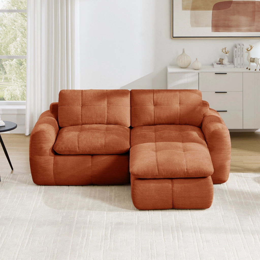 Divano modulare angolare 2 posti con pouf in chenille; senza struttura rigida; arancione
