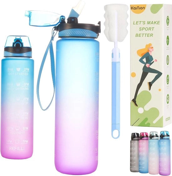 Bottiglia sportiva BPA libera 1 litro, senza zucchero con manico e marcature orarie, ideale per fitness, bicicletta, yoga, palestra, sport all'aperto, campeggio, scuola e ufficio (blu- viola)