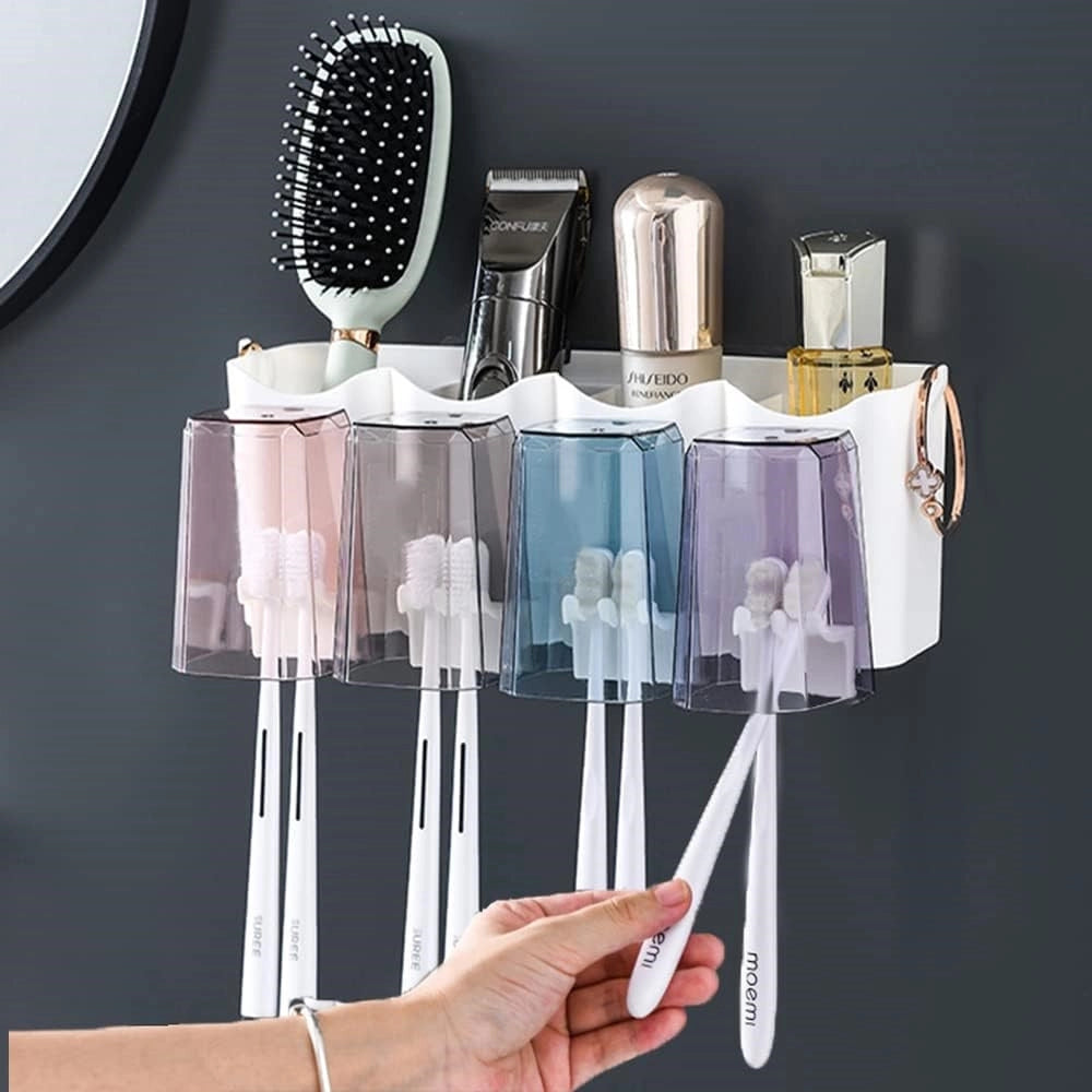 Trade Shop - Portaspazzolino Adesivo Multifunzione Organizer Per Spazzolino Denti Con 4 Tazze + 4 Slot -