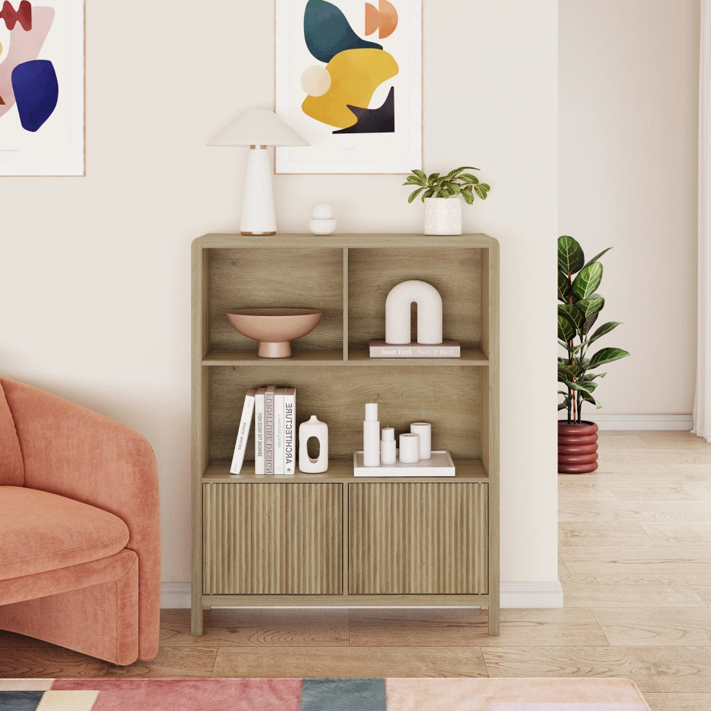 Credenza Bassa Lukkodso con 2 Ante e Scomparti Aperti 103x80x28 cm Effetto Rovere Rustico [en.casa]