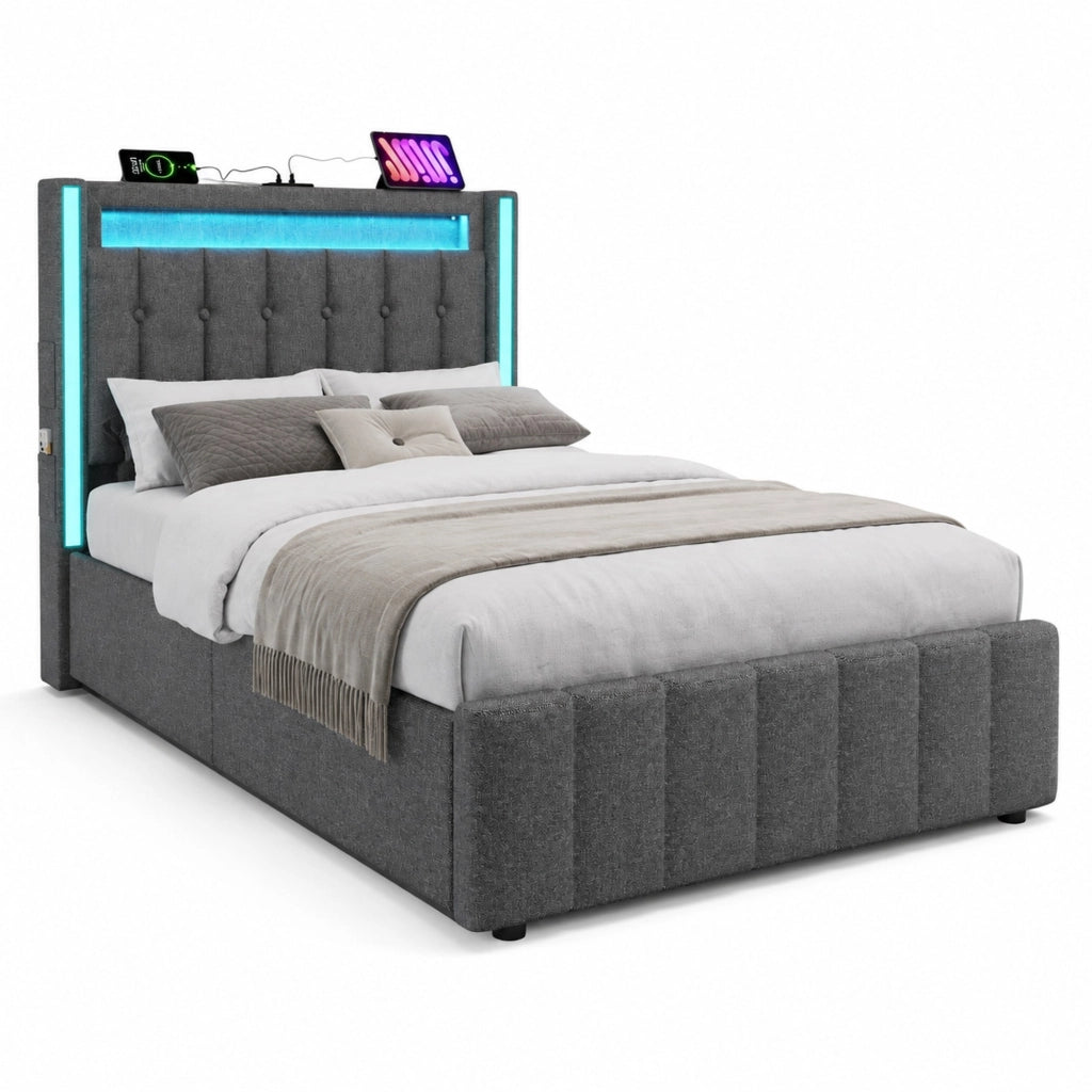 Letto singolo 90x200 cm in tessuto lino con 2 cassetti; USB e LED; grigio