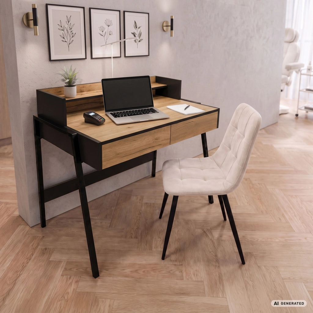 Scrivania industriale per computer Rovere Craft FLUX 78 cm 2 cassetti 1 ripiano gambe nere