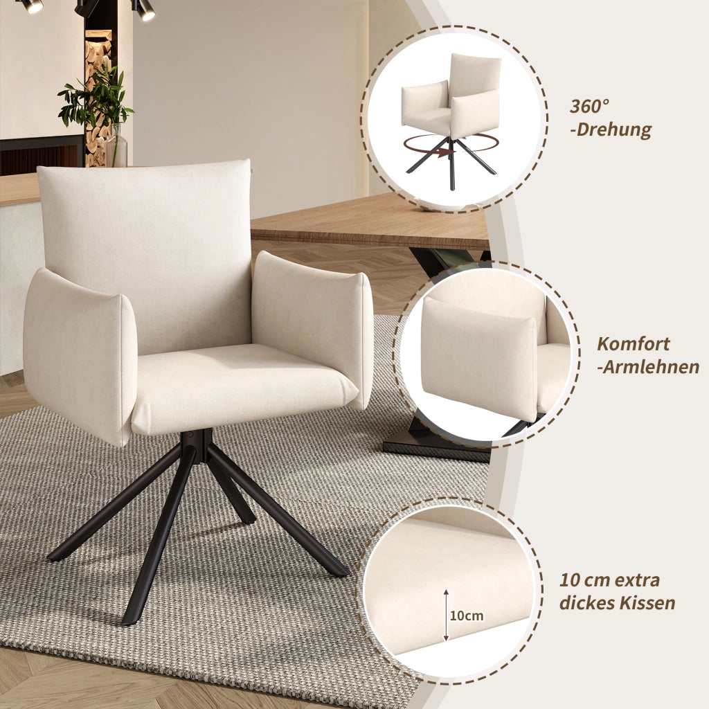 Sedie da pranzo girevoli a 360°, 6 pezzi in velluto beige con braccioli imbottiti e schienale ergonomico