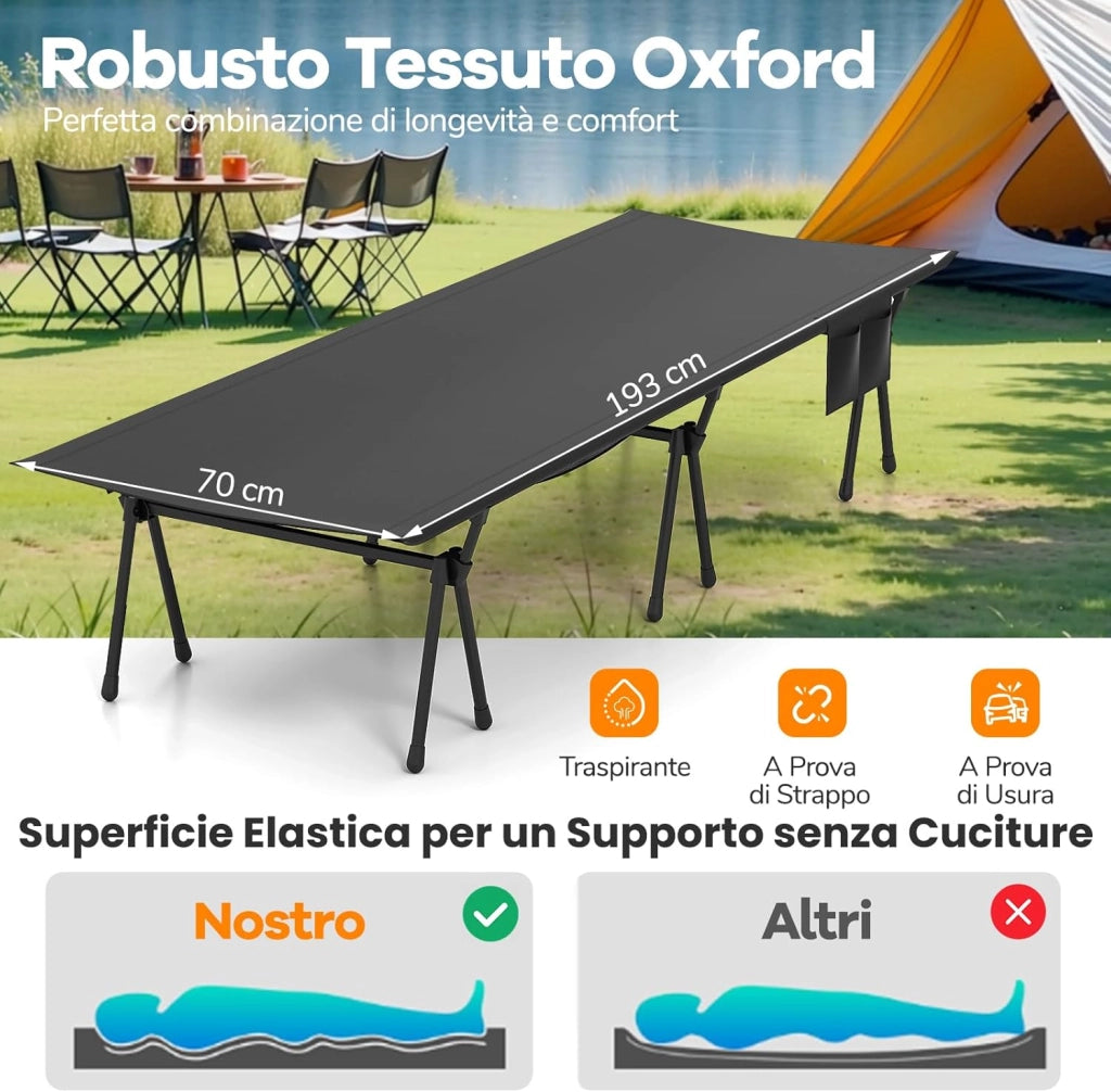 2-in-1 Brandina da Campeggio, Letto Pieghevole e Portatile con Estensori per Gambe, Tasca Laterale e Borsa da Trasporto, Lettino Regolabile in Altezza per Viaggio e Spiaggia, Portata 15 kg
