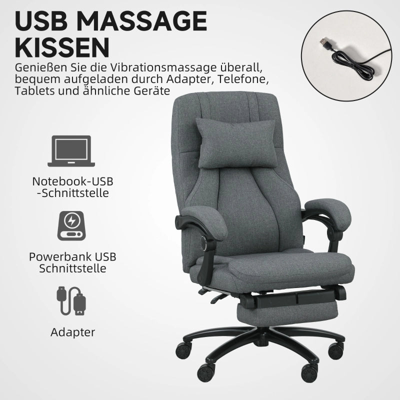 Sedia da ufficio ergonomica con massaggio USB, schienale reclinabile e poggiapiedi in poliestere grigio scuro