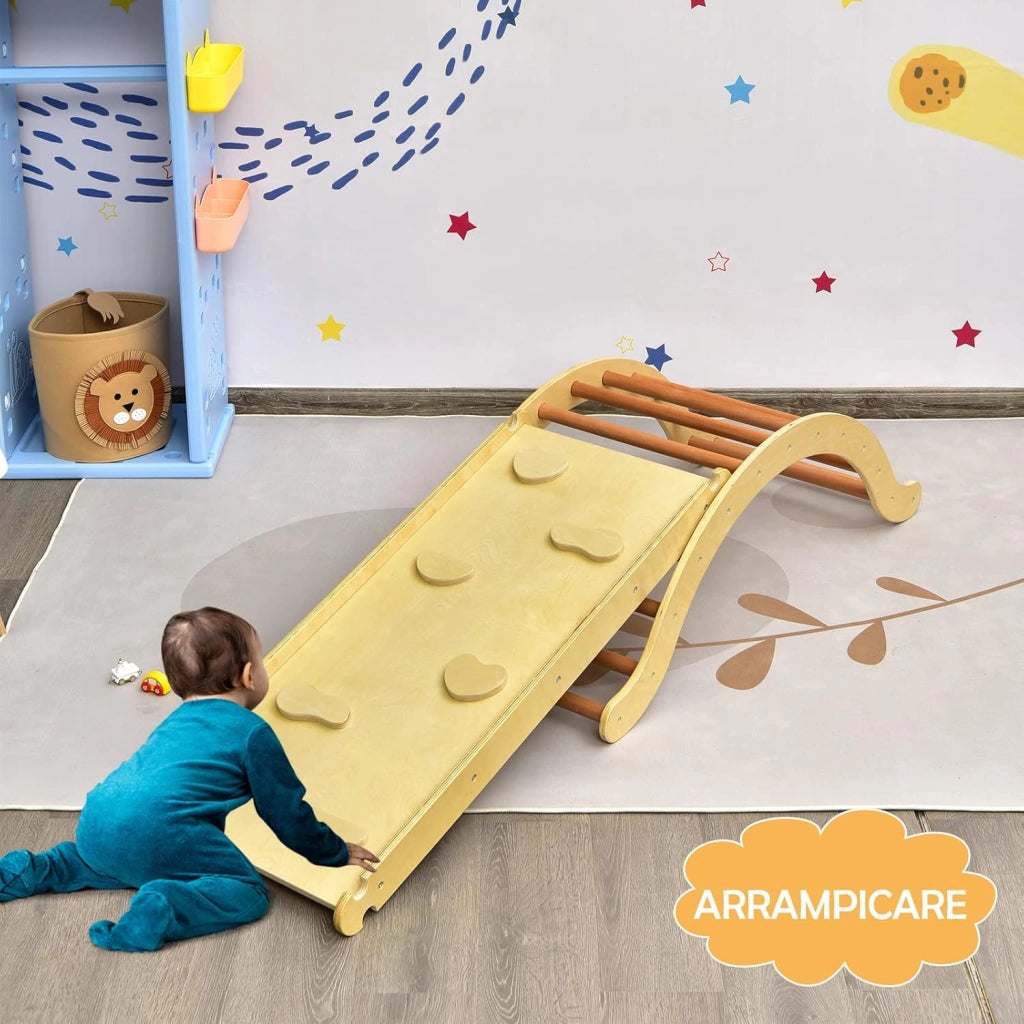 4 in 1 Set da Arrampicata per Bambini, Scala Giochi Arrampicata con Tappetino, Scala a Volta Versatile per Arrampicarsi e Scivolare, Carico 60 kg (Naturale)