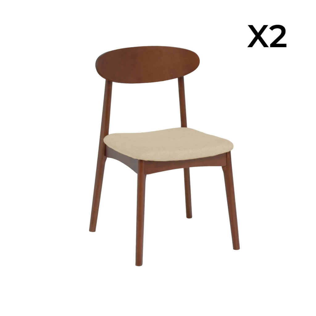 Set 2 sedie vintage in legno di hevea noce e tessuto, beige
