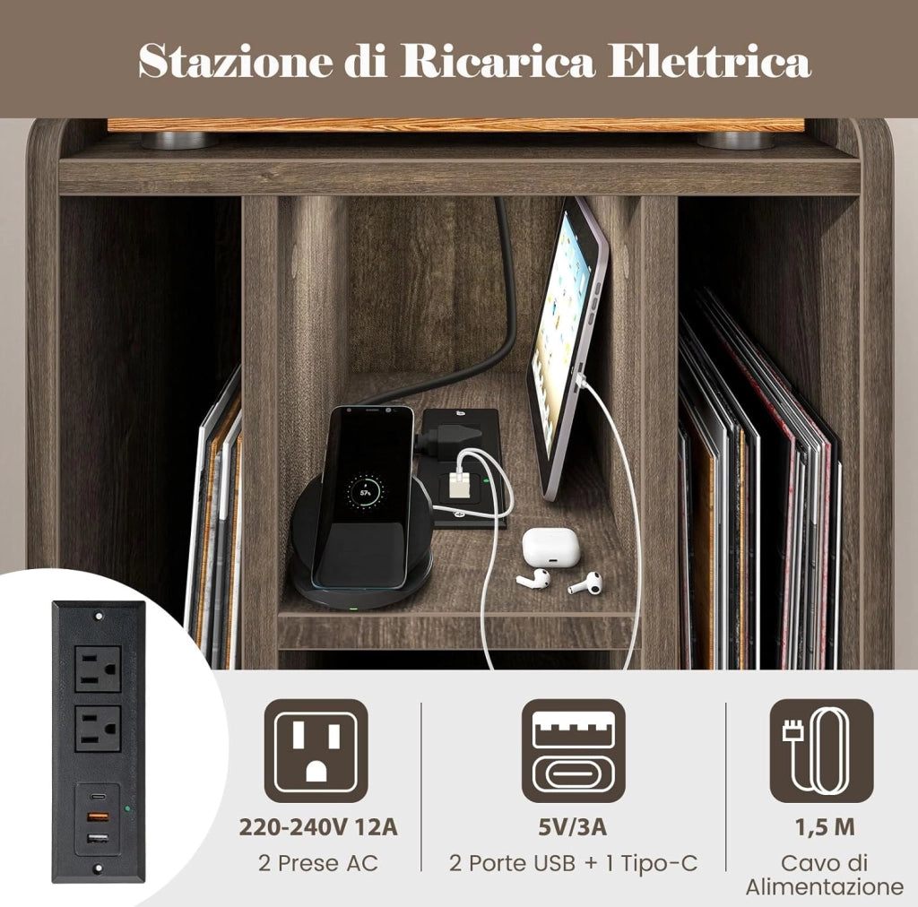 Supporto per Giradischi, Porta Vinili con 4 Ripiani Aperti, Presa di Corrente e Porta USB, con Mensole Espositive, per Soggiorno, Camera da Letto e Ufficio, 43 x 34,5 x 67,5 cm (Grigio)
