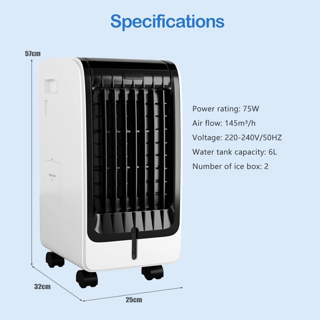 Raffreddatore d’Aria 75 W, 3 in 1 Air Cooler & Ventilatore & Umidificatore, 3 Modalità, 3 Velocità Regolabili, Timer 8 H, Serbatoio Acqua 6L, Telecomando, per Salone, Camera da Letto, Ufficio