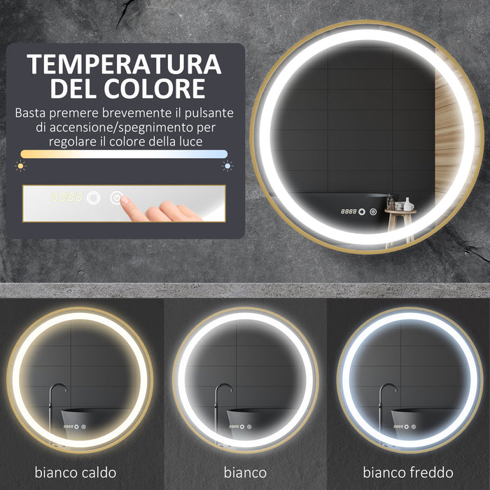 Specchio da Bagno con Luce LED 3 Tonalità e Funzione Memoria Ø60 cm Telaio in Alluminio Oro