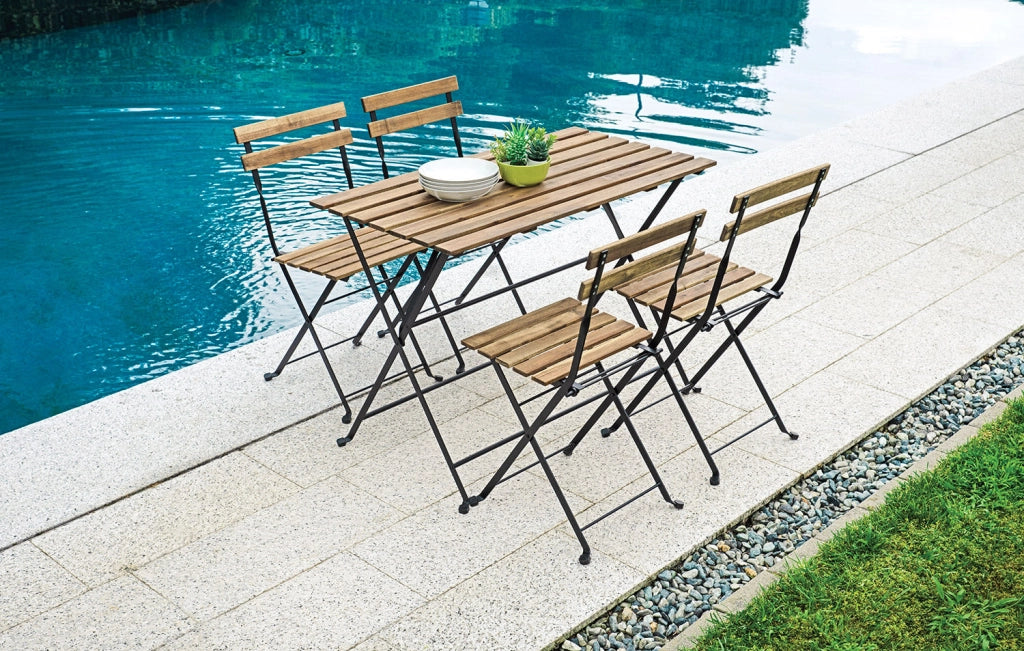 Set Tavolo e 4 Sedie da Giardino Pieghevoli Bistrò in Ferro e Legno di Acacia