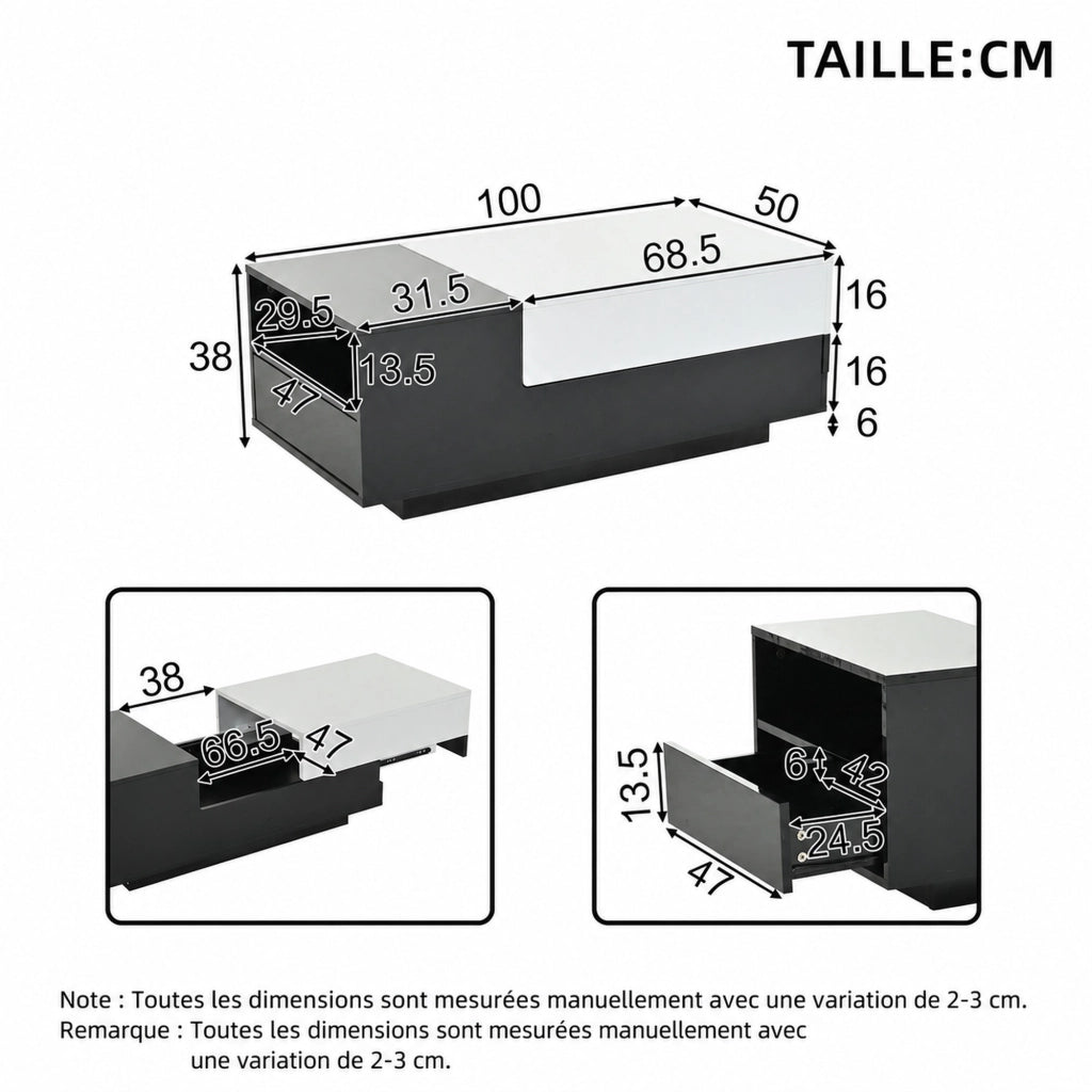 TAVOLINO DA SALOTTO 100 x 50 x 38 cm Bianco/Nero in pannello di particelle con 2 cassetti