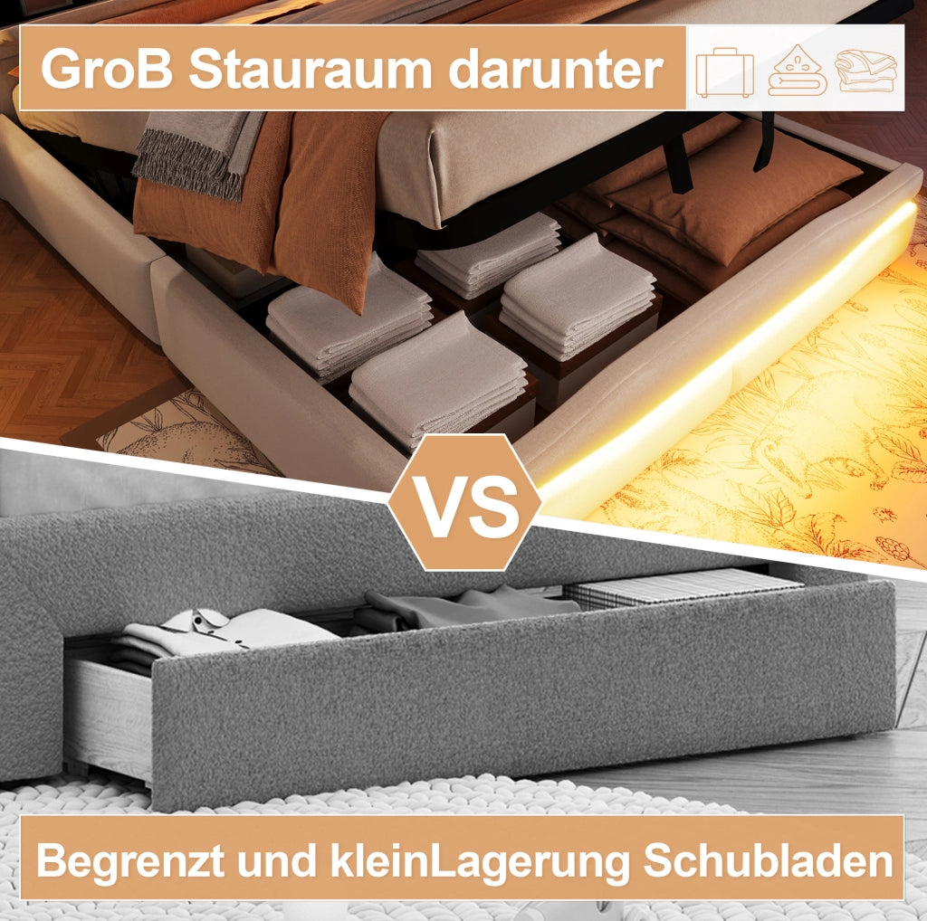 LETTO Imbottito 160x200 cm Lino Beige con LED e vano contenitore idraulico