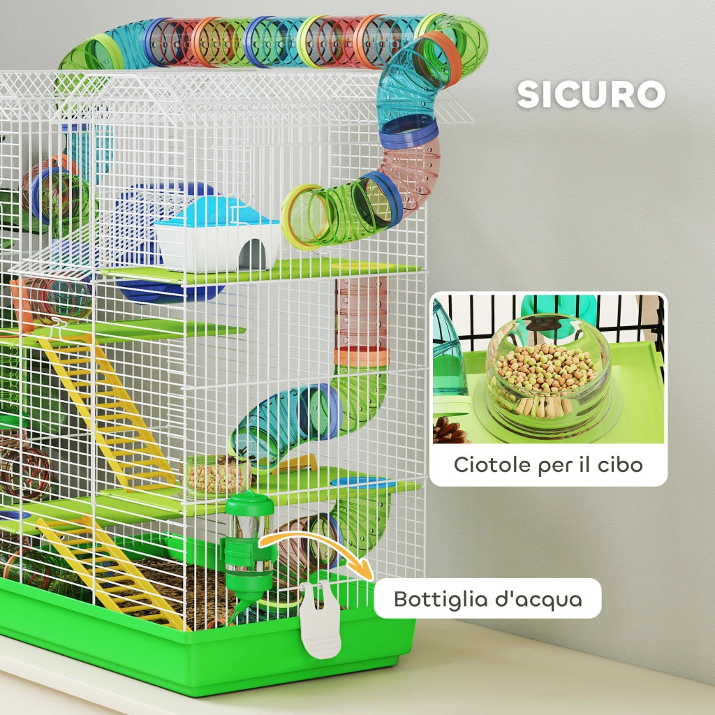 Gabbia per Criceti a 5 Piani con Tubi Colorati, Ruota, Casetta e Accessori, 47x30x59 cm, Verde