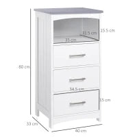 kleankin Mobiletto Bagno con Scaffale Aperto e 3 Cassetti in MDF, 40x33x80cm, Bianco