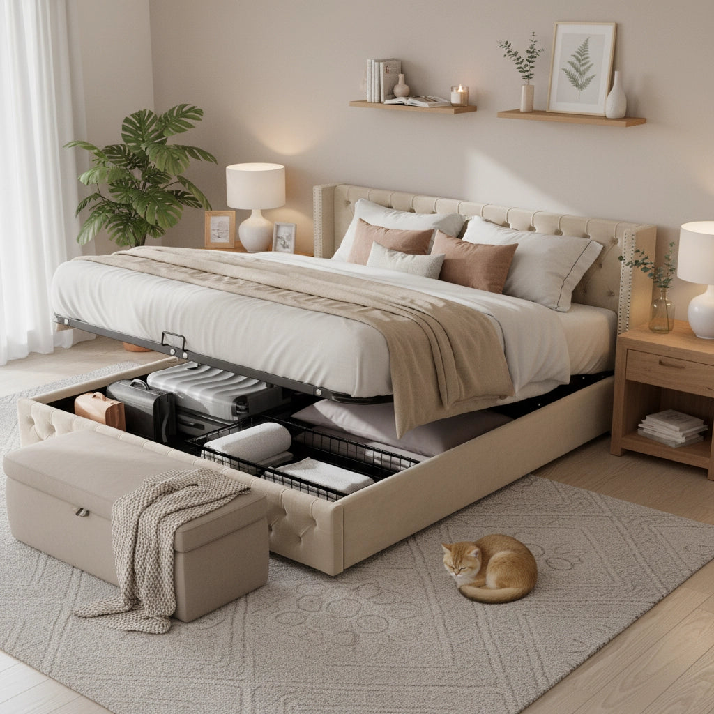 Letto orecchio borchie – 140x200 cm – idraulico fondo antimacchia – velluto beige