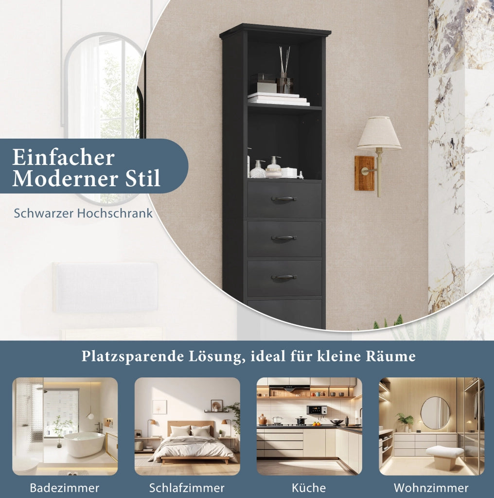 Mobile bagno alto nero in MDF laccato con 3 cassetti e ripiani regolabili