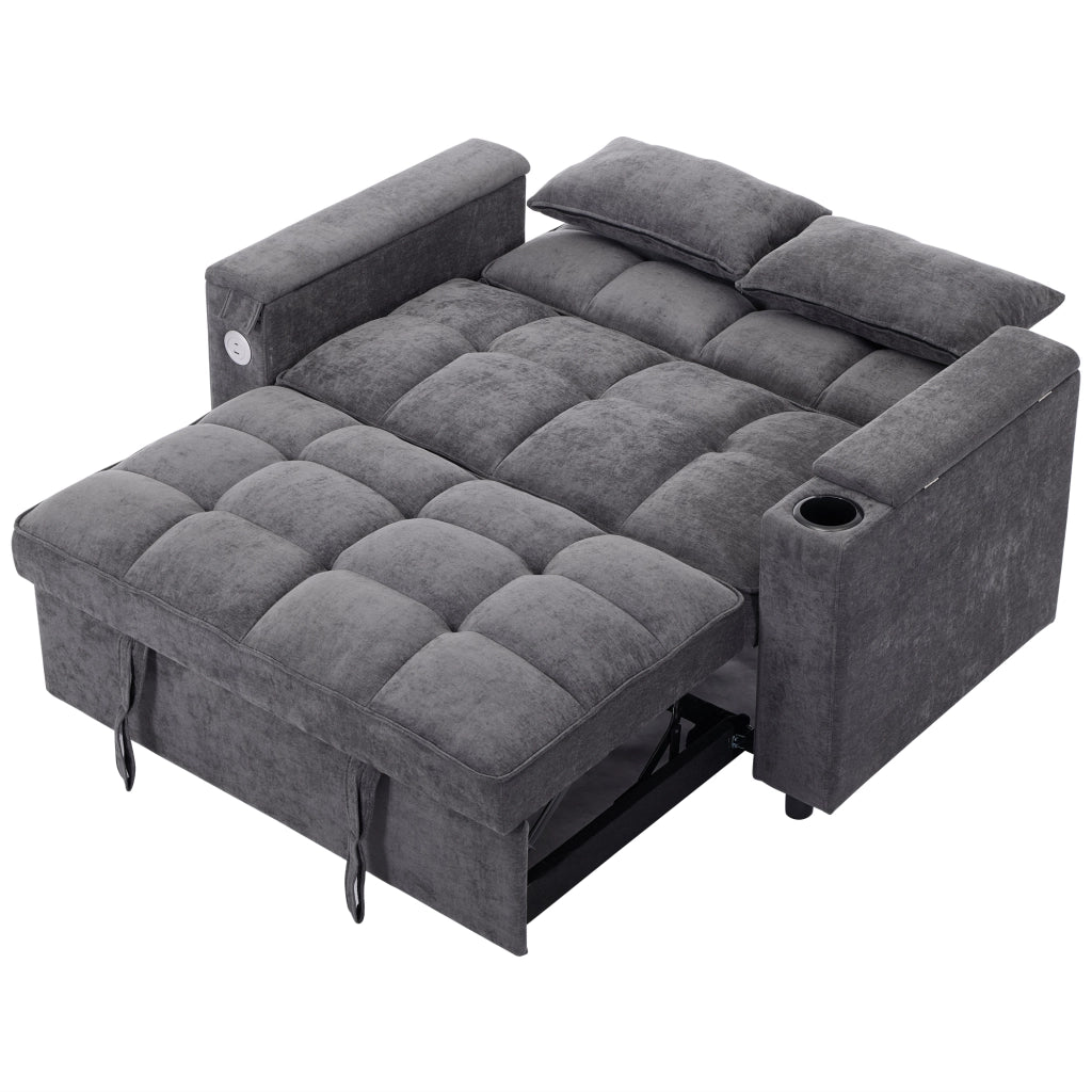 Divano letto pieghevole 3-in-1 grigio con schienale regolabile, USB e vano contenitore