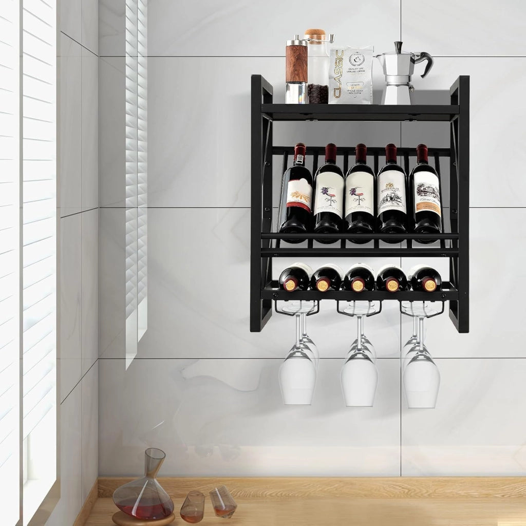 Scaffale Per Vino a Parete Con Supporto In Vetro, Per 10 Bottiglie Di Vino e 12 Bicchieri Da Vino, Mensola Da Parete, Scaffalatura Da Parete Industriale Sospesa, 51 x 26,5 x60,5 cm