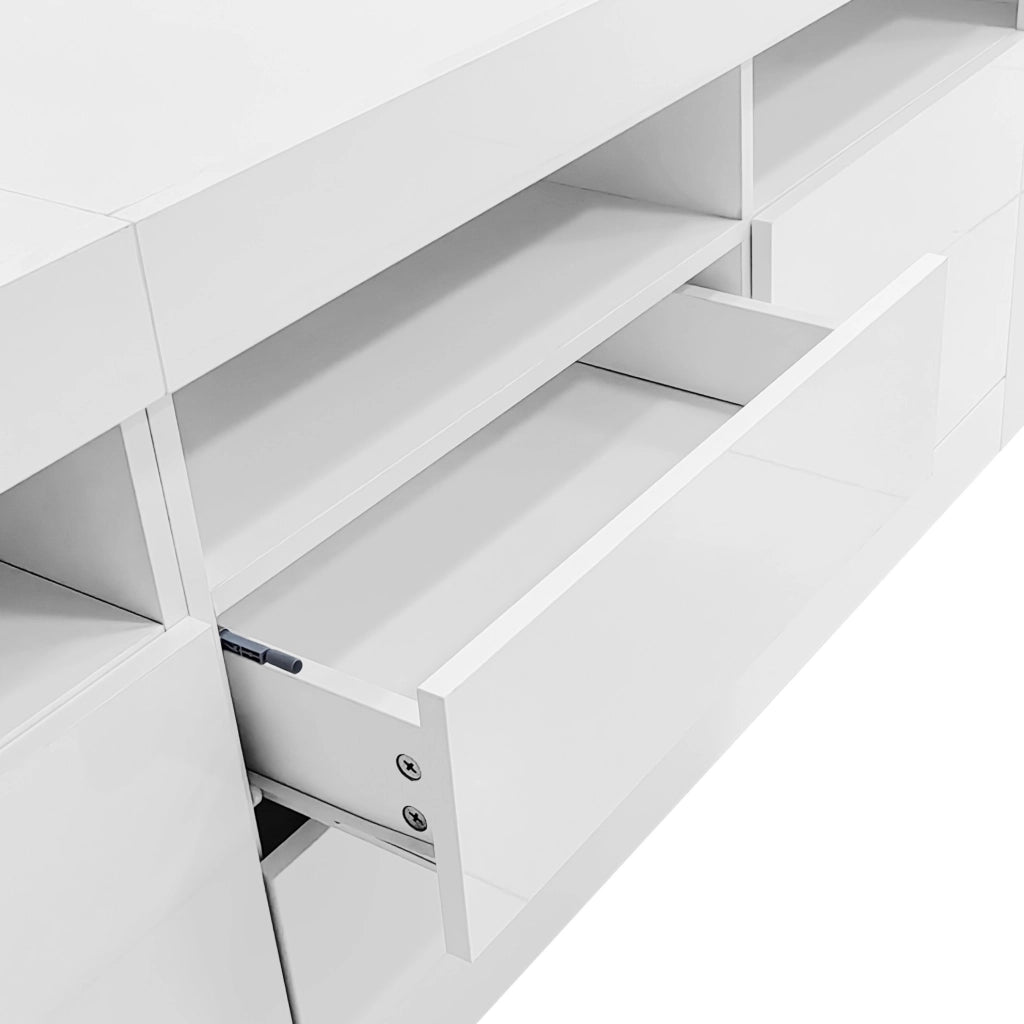 Mobile TV bianco lucido con LED, 2 ante e 2 cassetti