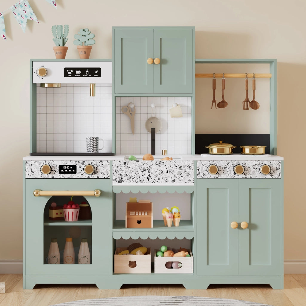 Cucina giocattolo per bambini con macchina per bevande lavello e microonde girevole in MDF verde 30 × 90 × 98 cm