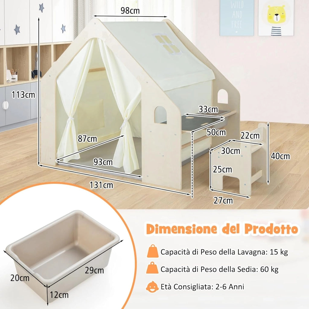Tenda da Gioco per Bambini in Legno con Tappetino, 6 in 1 Capanna per Bambini Rimovibile per Interni, Casetta Tenda per Bambini, Regalo di Compleanno di Natale (Grigio 98 x 131 x 113 cm)