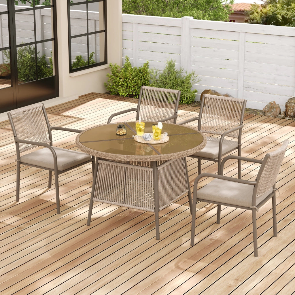 Set Tavolo Rotondo in Vetro e 4 Sedie con Braccioli in Polyrattan ¨C MINIMAL ¨C Ferro, Giardino/Balcone