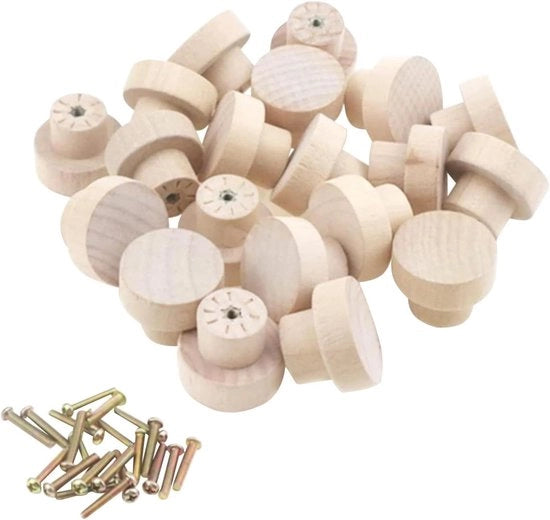 20 pezzi di maniglie in legno con viti - Maniglie a forma rotonda in legno non finito - Ideali per mobili con ante scorrevoli (diametro 35 mm x 25 mm)
