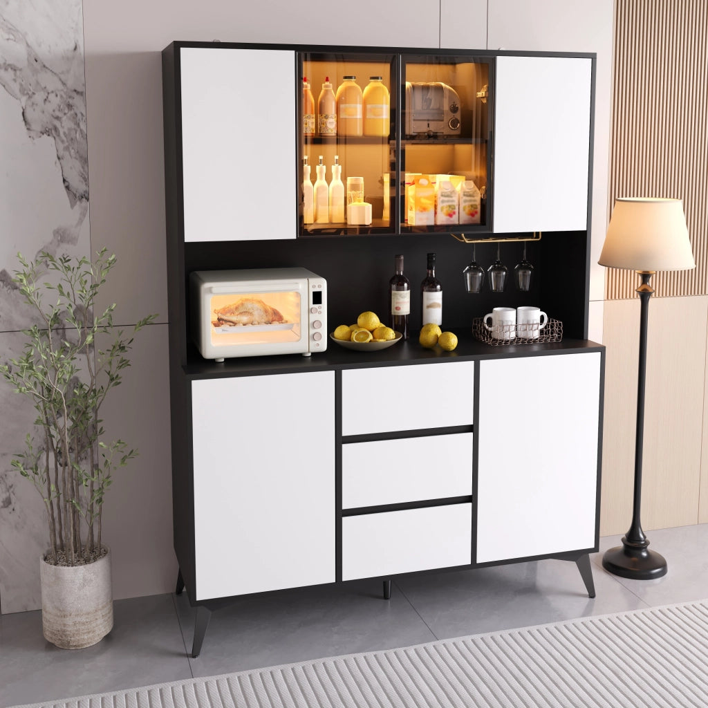 Mobile contenitore con vetrina in vetro, LED da app, 2 ante e 3 cassetti, per cucina e pranzo, 120 × 40 × 160 cm