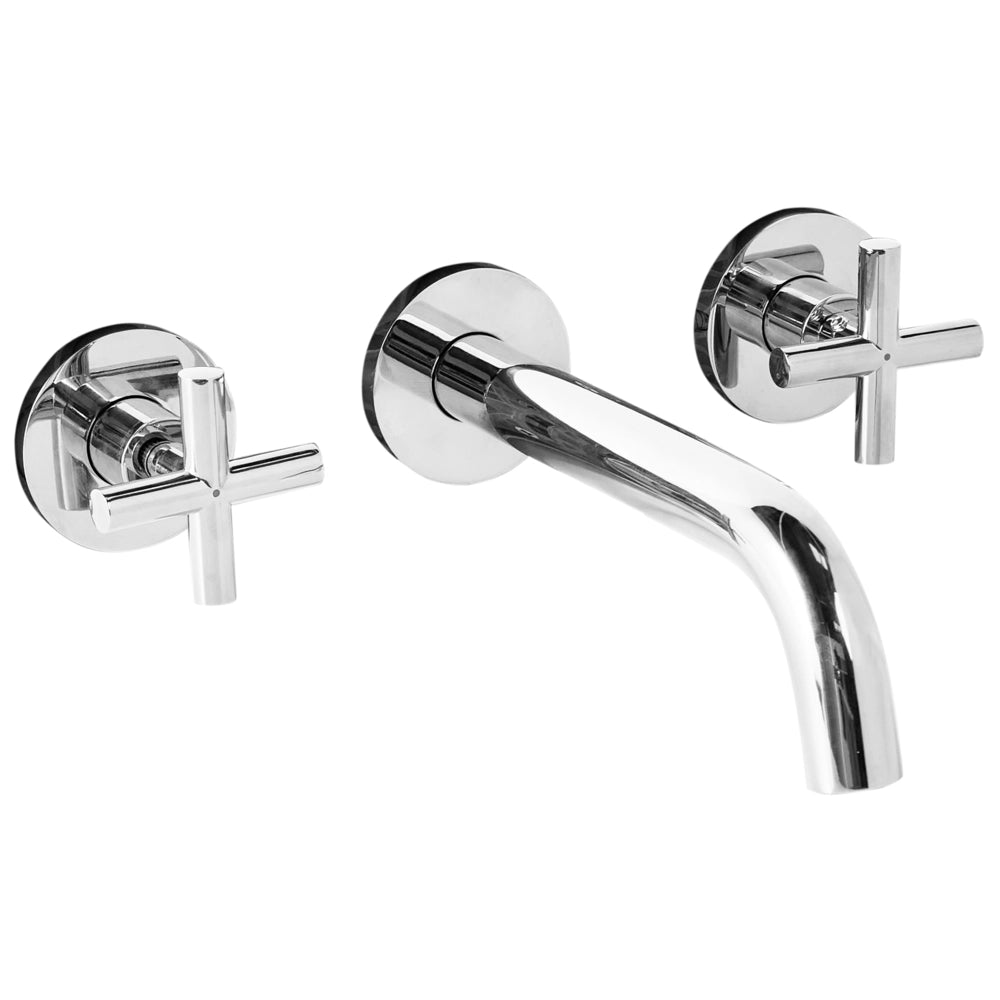Rubinetto miscelatore per lavabo a parete in ottone color argento con 3 fori e doppia maniglia