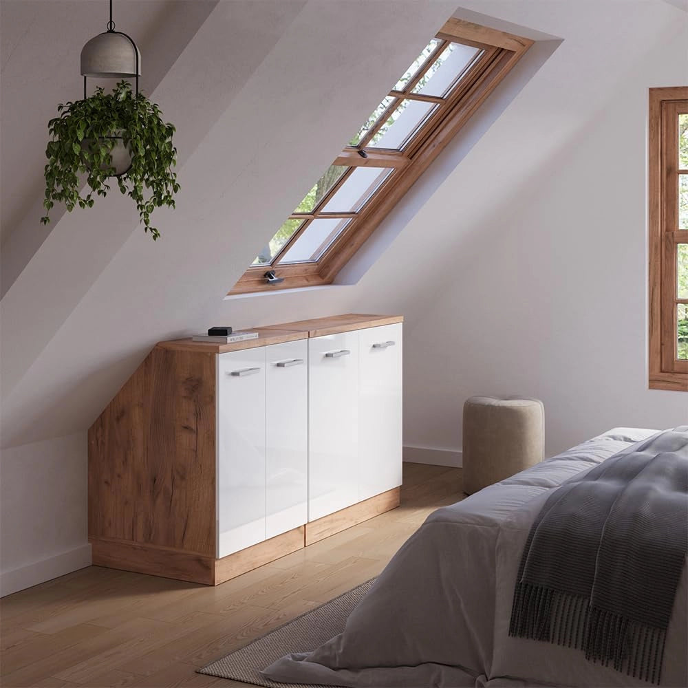 Set di mobili sottotetto Rion, Bianco lucido, 140 cm Set di 2 carcasse armadio profondità 60 cm, adatto per il salvaspazio sotto tetti spioventi