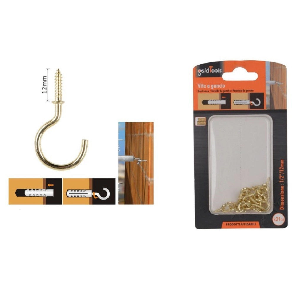 Trade Shop - Set 21 Pezzi Vite A Gancio 1/2" 12mm Viti Autofilettanti Dorate Per Legno 90809 -