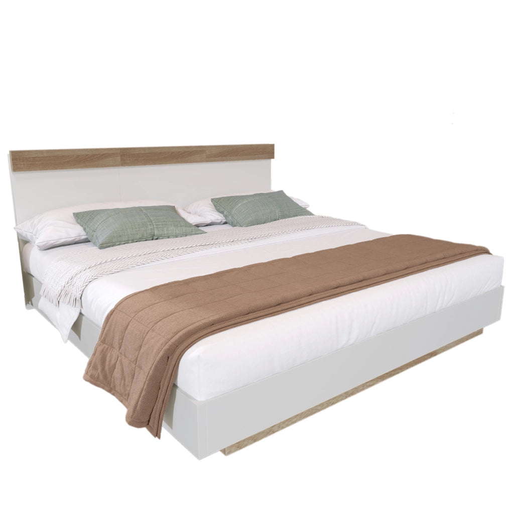 Letto matrimoniale 140x200 cm sospeso con rete a doghe; legno bianco e rovere sonoma