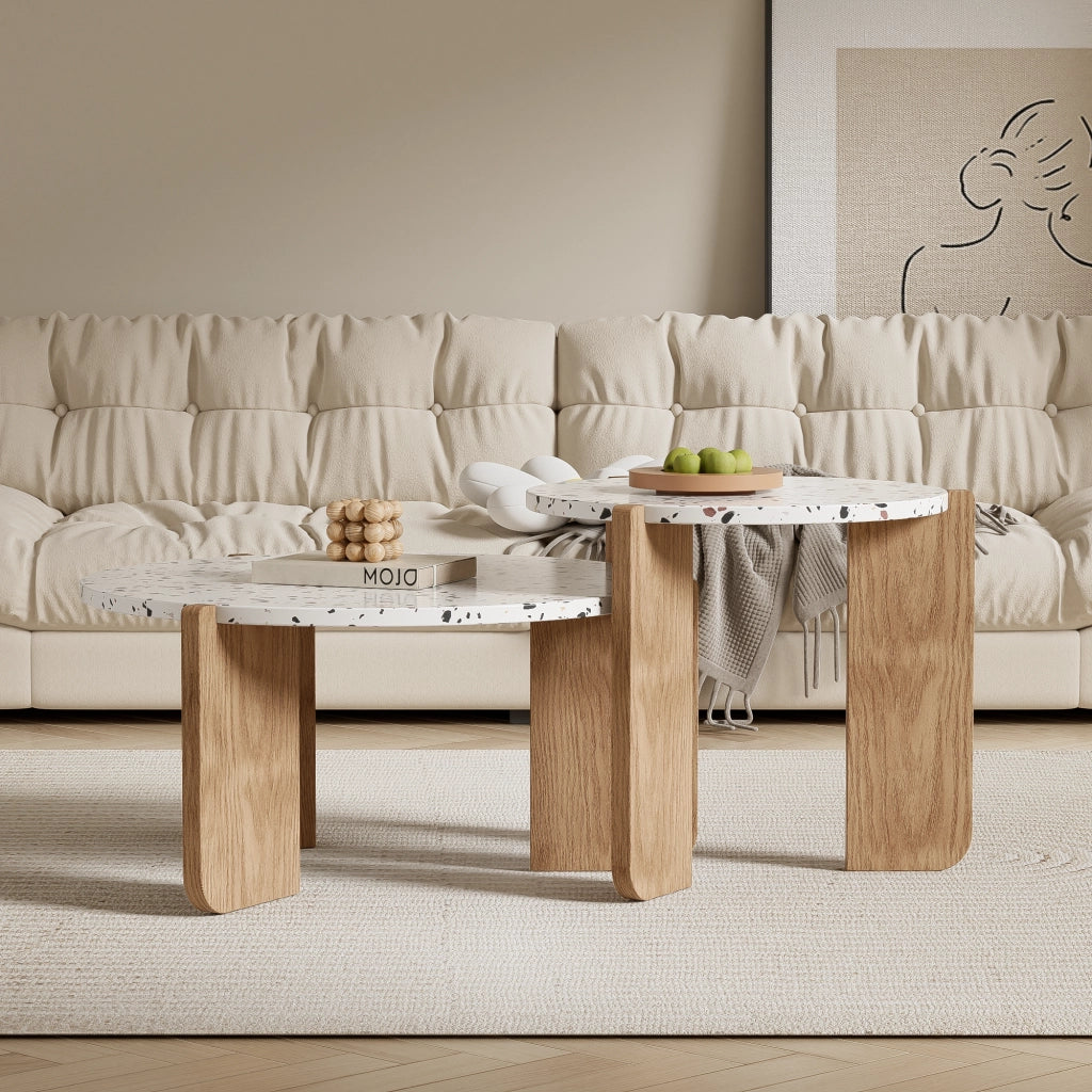 Tavolini da Caffè Rotondi Impilabili con Piani Decorati; Design Salvaspazio per Soggiorno; MDF; Naturale