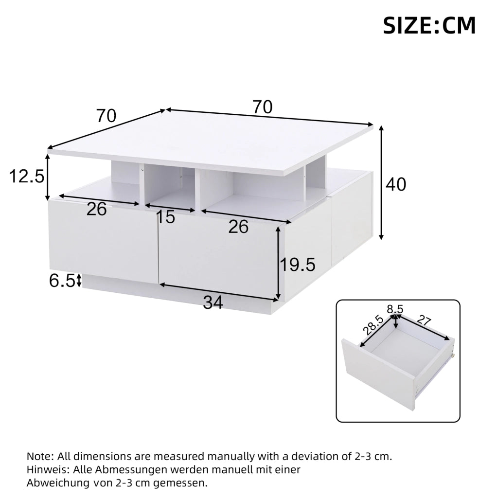 Tavolino da salotto cubico 70 x 70 x 40 cm bianco lucido con LED e 4 cassetti