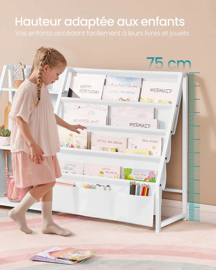 Libreria per bambini mobiletto porta giocattoli organizer per libri con tasca laterale 30 x 108,5 x 75 cm per cameretta o sala giochi bianco 12_0007992