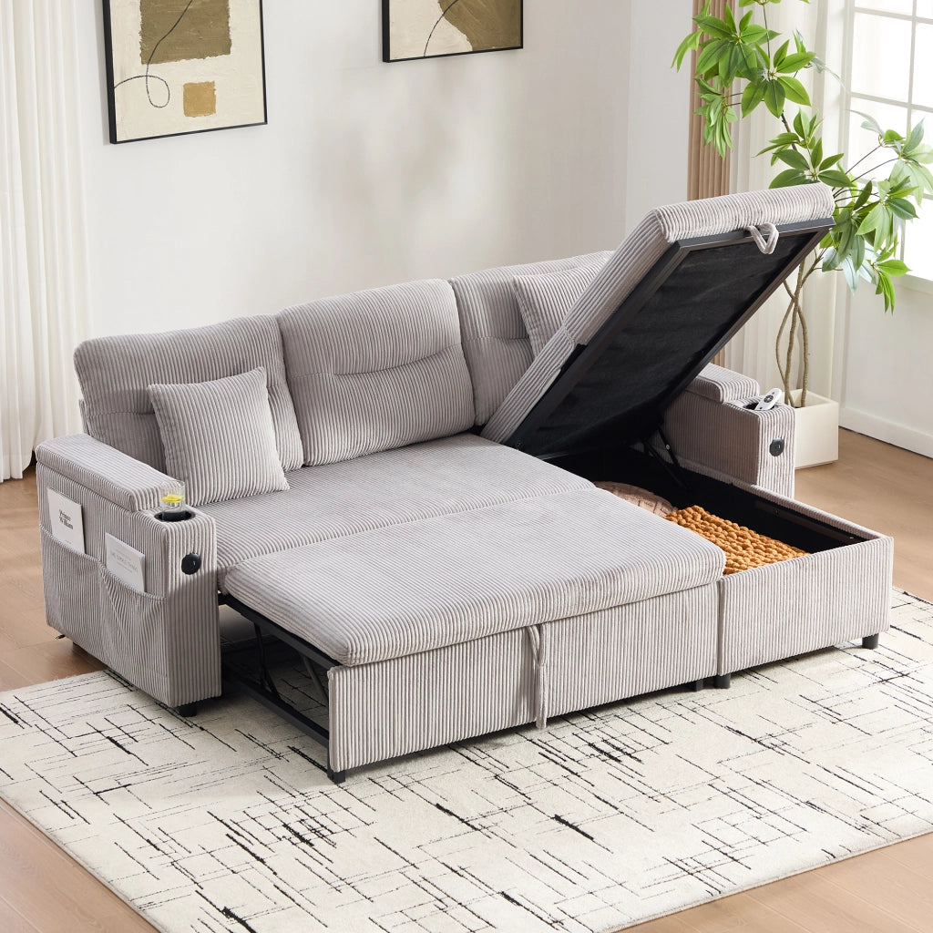DIVANO 3 POSTI con chaise longue e letto estraibile 212,5x136x86 cm Corduroy Grigio Chiaro con USB-C